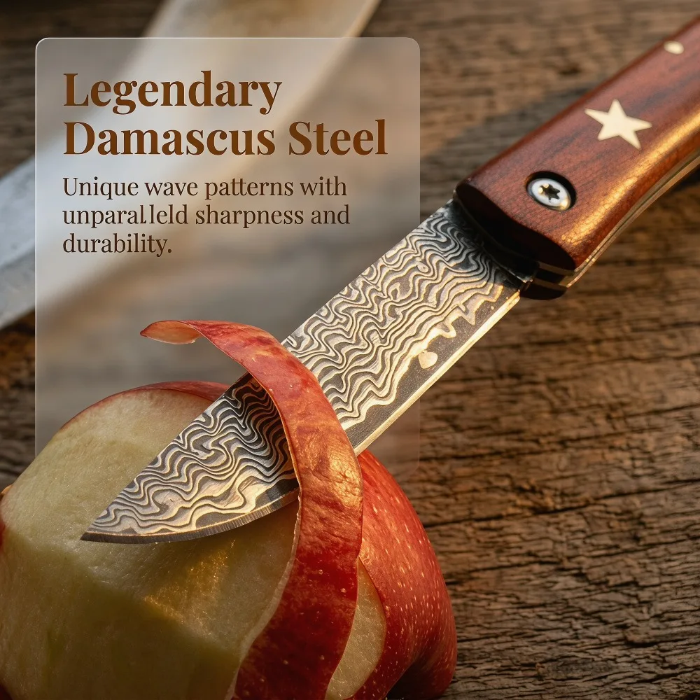 Multi Folding Knife Damascus Steel Blade Five-star Pattern Red Sandalwood Handle Compact Pocket Knife Daily Portable Tool Gift