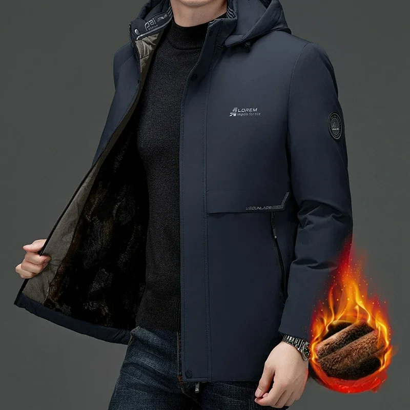 

Winter Men's Padded Jacket Solid Color Simple Detachable Cap Design Casual Business Graphene Thermal Coat Men Business Jacket