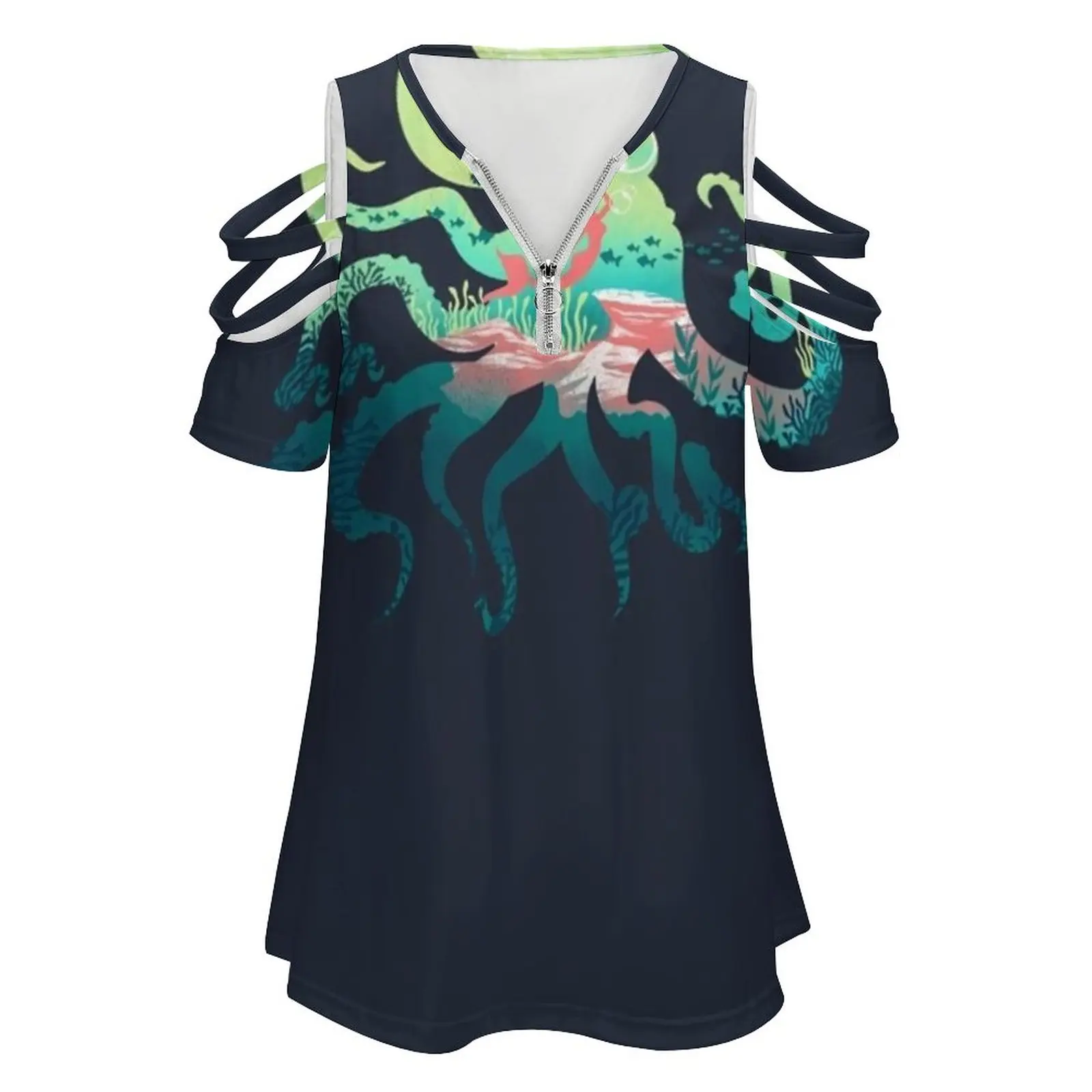Wonder Sea Women's T-Shirt Summer Fashion Print Floral V-Neck Zipper Tshirt Hollow Pullover Ladies Top Artsy Artistic Mermaid