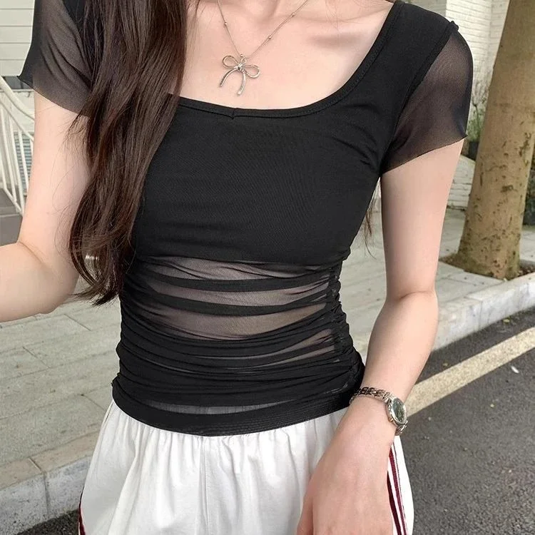 Bla Sexy ort Sve T-irt Damska Koszulka Letnia Dopasowana z Kwadratowym Dekoltem, Naszywane Ramiona, Długość do Ramion, Mieszanka Poliestru i Spandexu