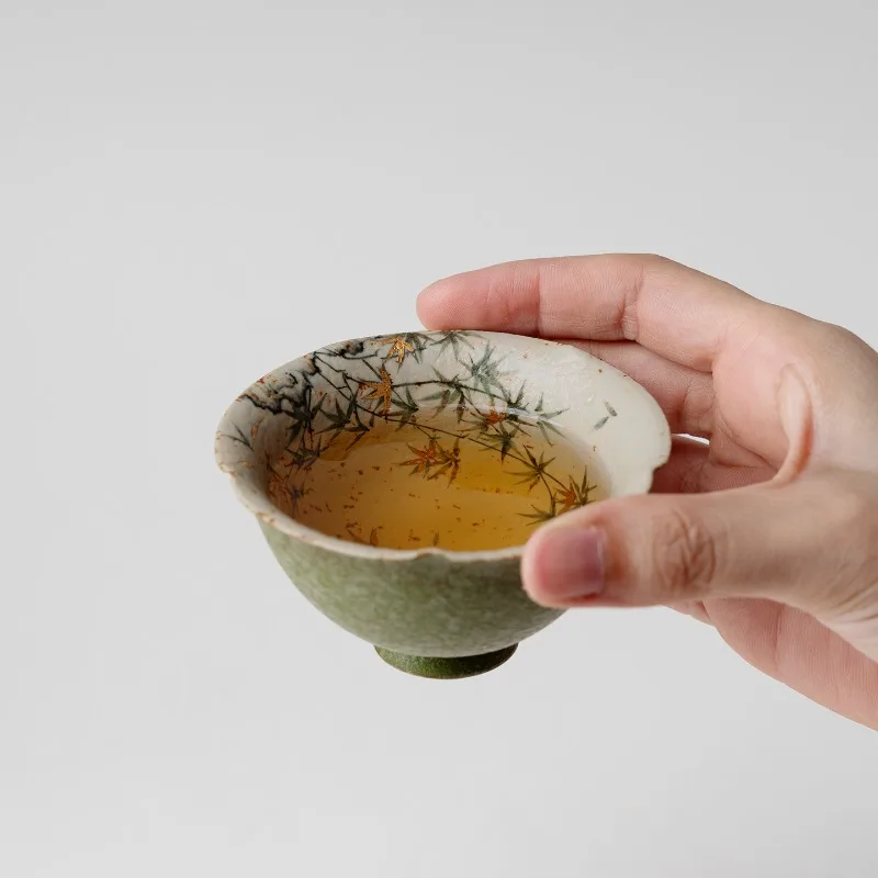

Orange green sprinkled gold flower mouth teacup master cup traditional Chinese color underglaze hand-painted bamboo tall cup