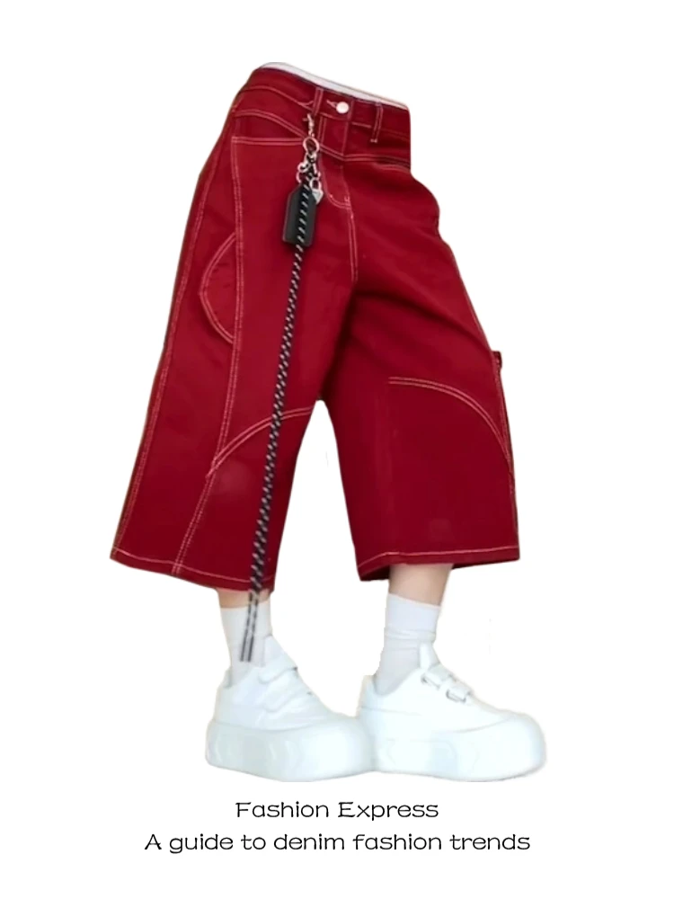 

Красные джинсовые шорты женские летние новые в американском ретро-стиле, деконструированные, с открытым швом, с множеством карманов, модные брюки 7/5