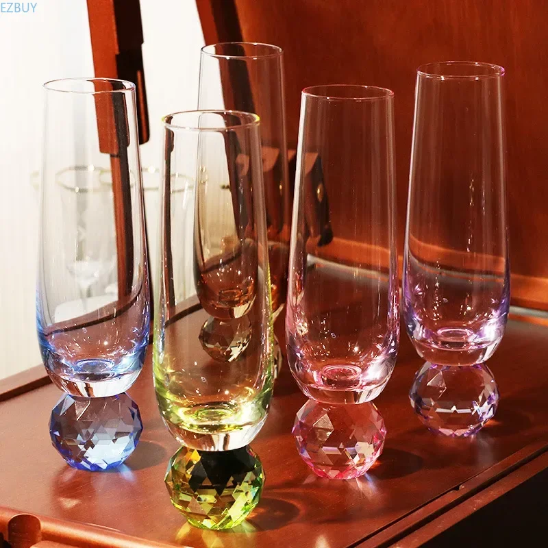 Colorful Crystal Glass Wine Cup Champagne Glass with Diamond Ball Goblet Cock Tail Glass Handle Gradient Water Cup