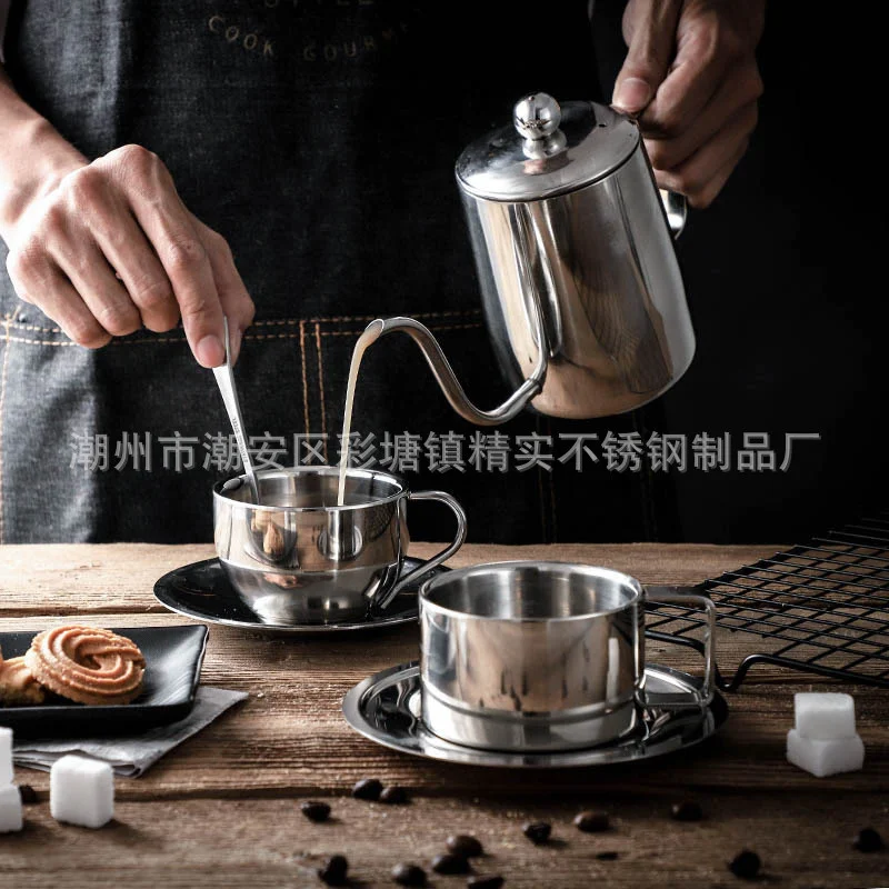 Orderable coffee cup and saucer set Stainless steel creative European coffee cup 304 Stainless steel simple tea cup