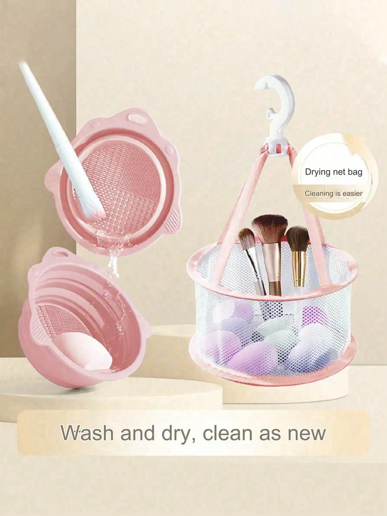 Makeup Brush Cleaning Bowl With Hanging Drying Net Bag Silicone Cosmetic Brushes Washing Scrubber Bowl Beauty Sponge Clean Dry
