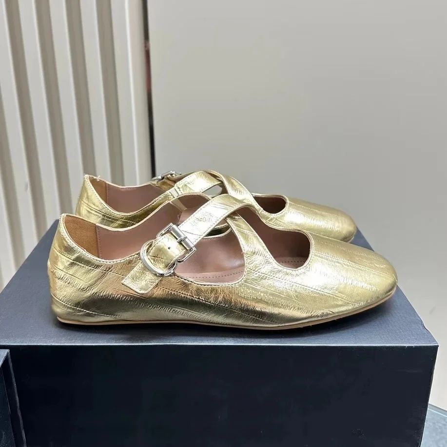 Summer New Women's Mary Jane Water Diamond Mesh Flat Bottom Ballet Shallow Mouth Sandals Round Toe Women's Shoes Sapato Feminino