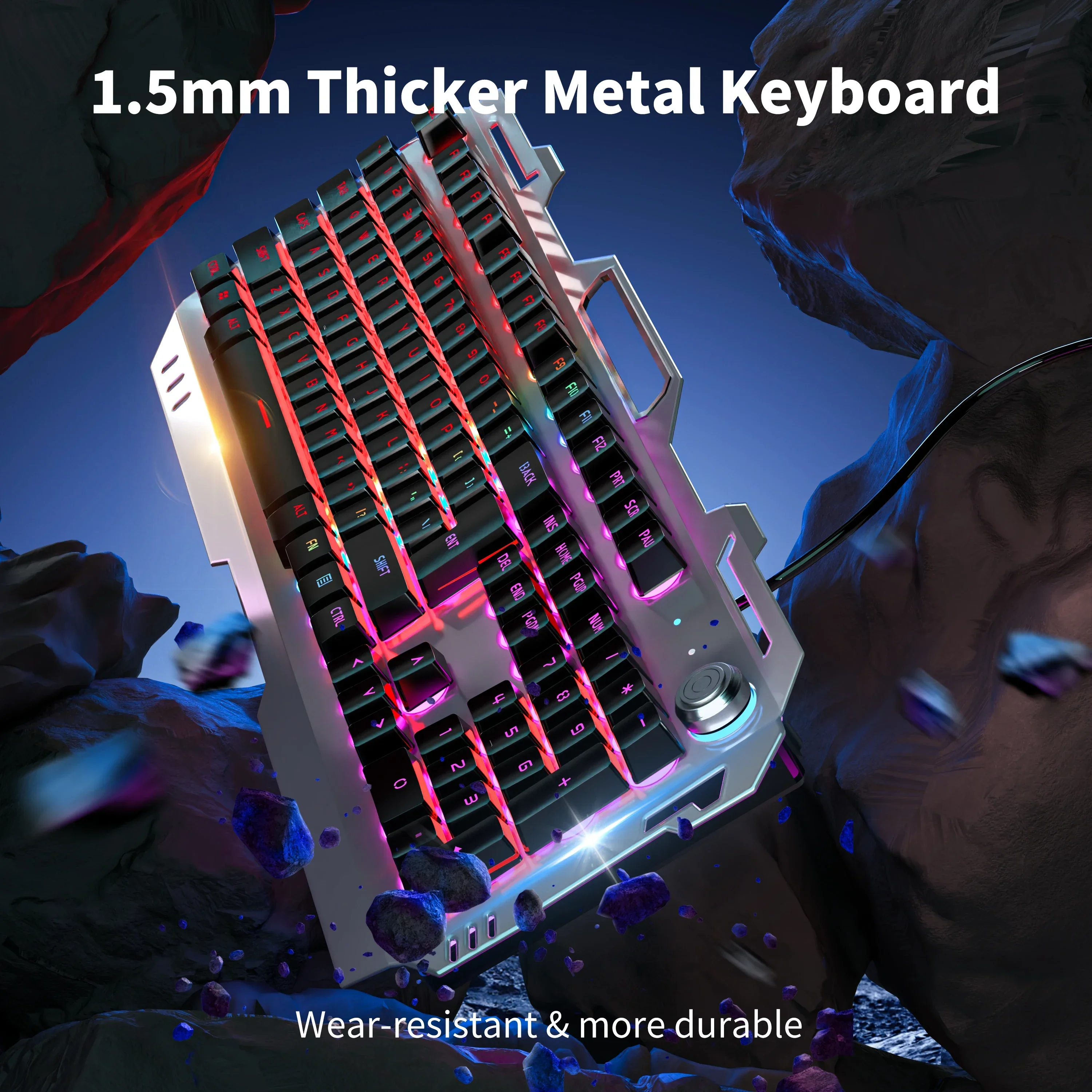 EWEADN Wired Keyboard Mechanical Feel All-Metal Panel with Multimedia Knob and Mobile Phone Holder for Games and Office PC Gifts