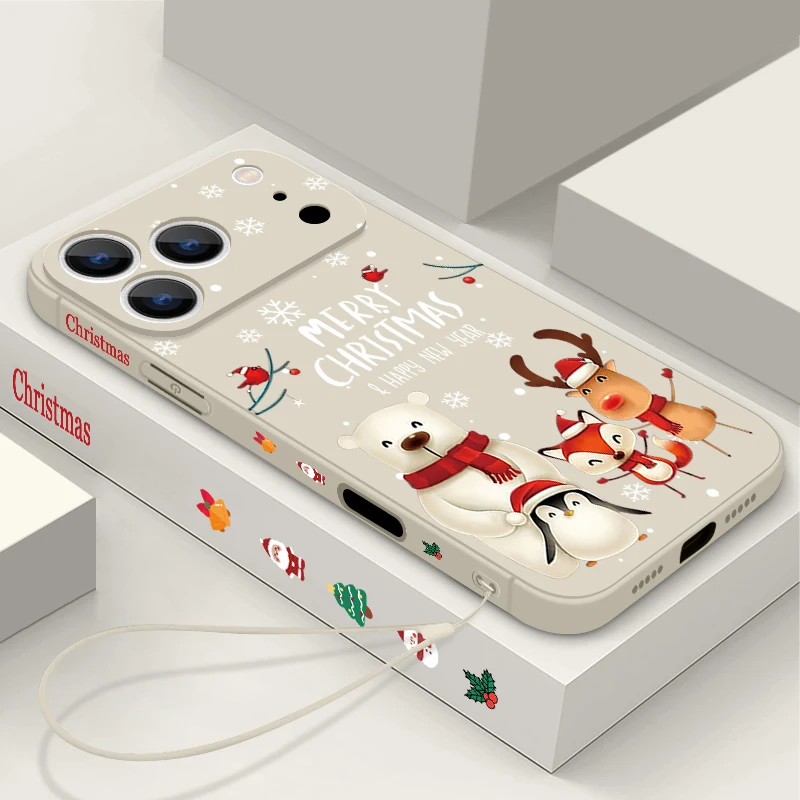 크리스마스 폰 케이스 아이폰 17 프로 맥스용 여우 북극곰 엘크 랜야드 커버 아이폰 16 프로 맥스 15 14 13 12 11 16e 에어용