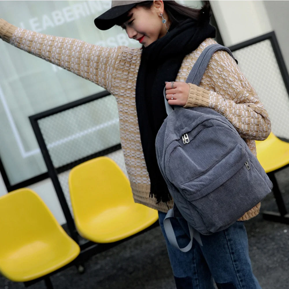 Mochila de pana para mujer, morral escolar de Color puro, a la moda