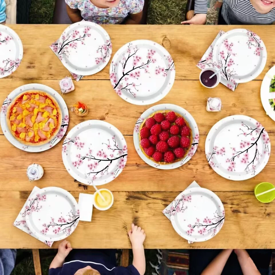 Neues Rosa Kirschblüten Einweggeschirr, Pappteller, Becher, Servietten, Tischdecken, Strohhalme, Hochzeits-, Geburtstagsparty-Zubehör – Detail 13