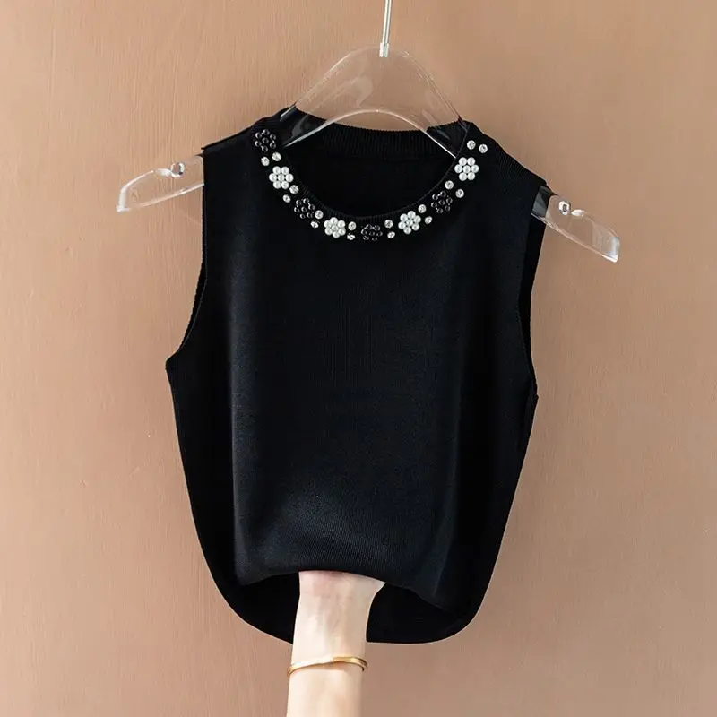 

Вязаный свитер-пуловер для женщин, модный, с круглым вырезом, с бисером, без рукавов, Q3422