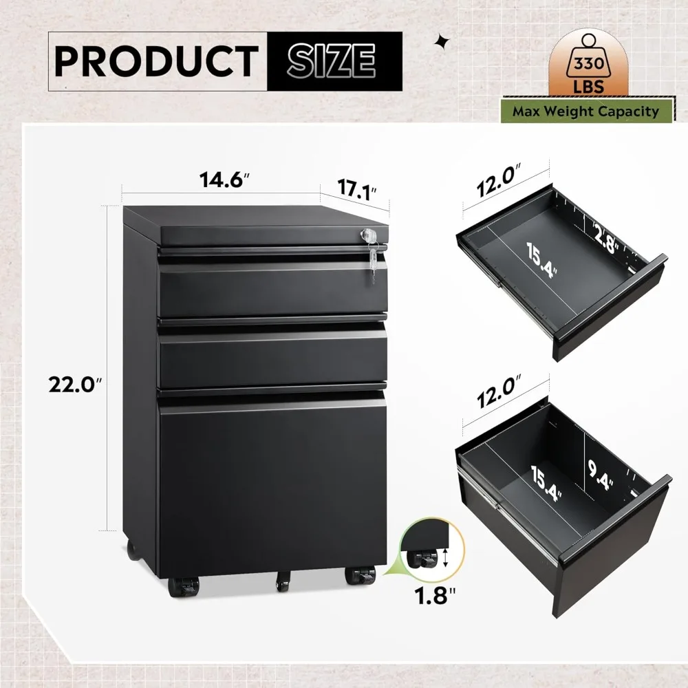 خزانة ملفات متنقلة ذات 3 أدراج للمكتب، حجم حرف/قانوني، مجمعة، باللون الأسود