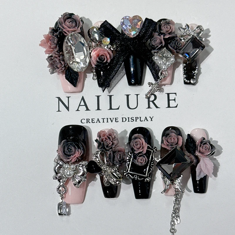 10Pcs High Quality Y2K Handmade Press On Nails Black pink Sweet Cool Style Butterfly And Flowers Wearable Artificial False Nail