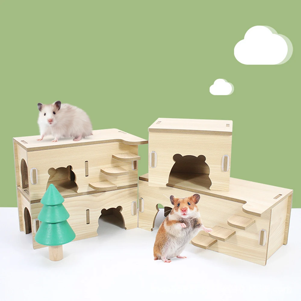 Hamster House Toy Guinea Pig House Hide Wooden Hut Habitat with Doors and Window Multi Chamber Exploration Toy Cage Accessories