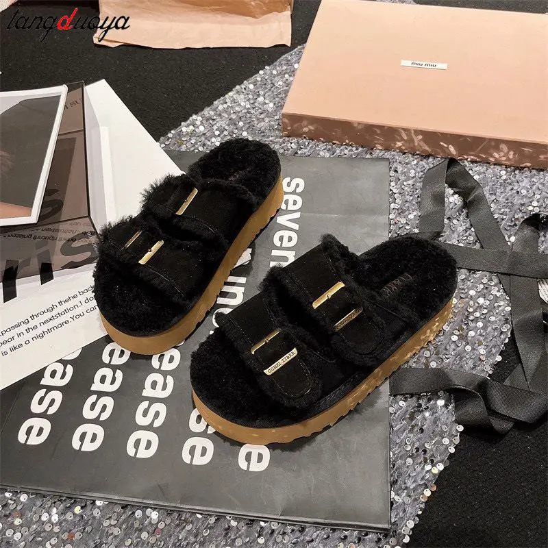 Round Toe Belt Buckle Women Slippers Fashion retro brown plush slippers Winter new Flat Sole Modern Slippers  Women Casual mules