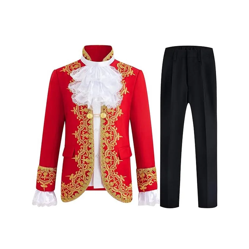 Gentleman Kids Golden Flower Jacket Pants Tie 3PS Drama Dress Boys Charming Cosplay Costume Children Performance Photograph Suit