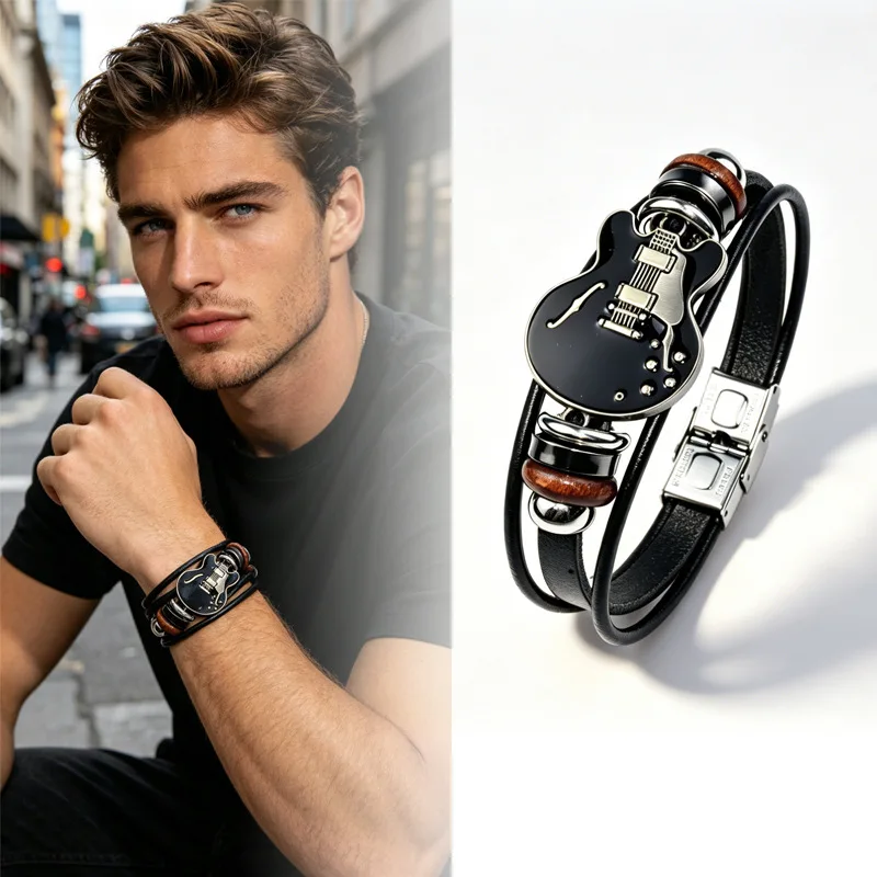 Retro Gitarren-Lederarmband für Männer und Frauen Edelstahl Handgefertigtes Mehrschichtiges Kordelarmband Musikform Punk Rock Schmuck Geschenke