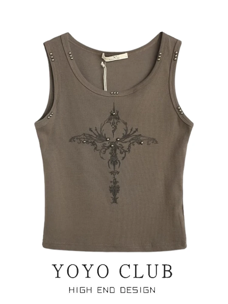 YOYO CLUB American Sle Retro Hot Girl ort Sve round Ne Vest Brand Bule Summer Clothing Cotton Polyester Print Design