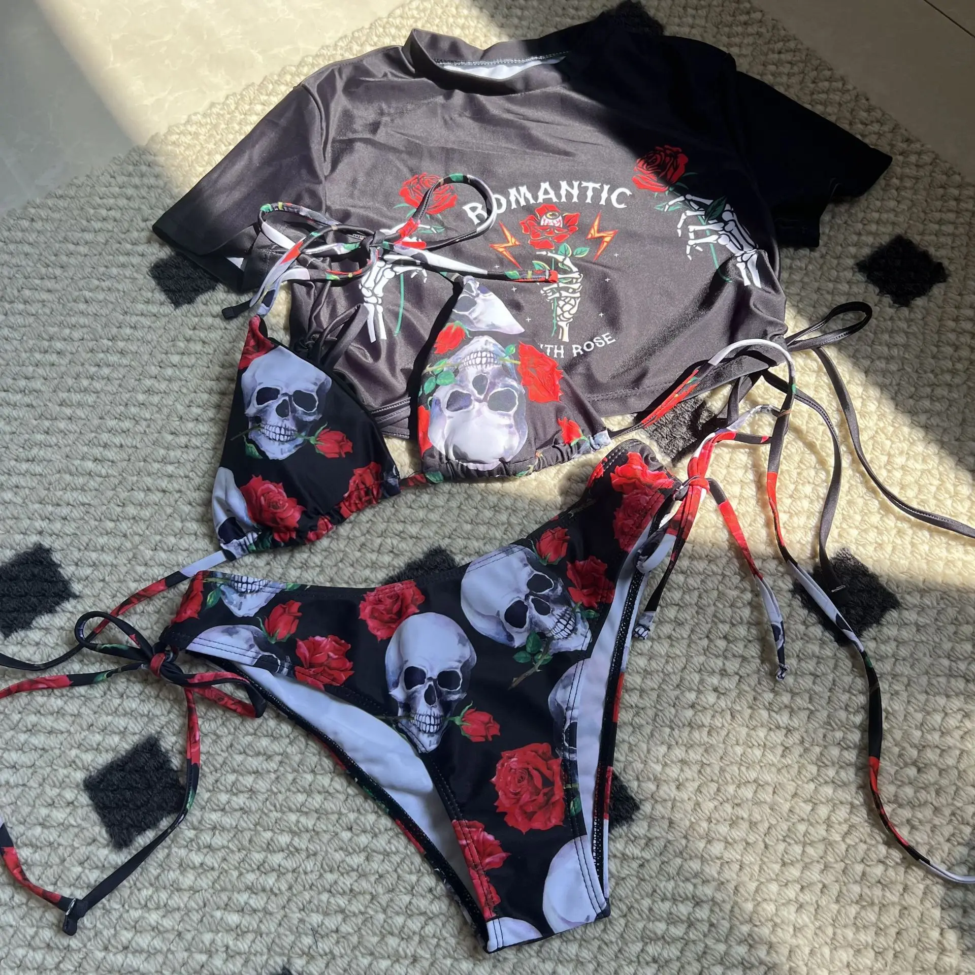 Flower Skull Printed Halter Short Sleeve Bikini Women Swimwear Female Swimsuit Three-pieces Bikini set Bather Bathing Suit Swim