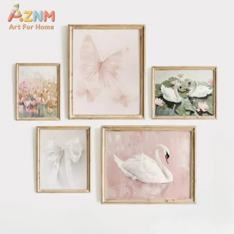 AZNM Pink Swan Butterfly Bow Canvas Wall Art, Soft Pastel Floral Watercolor Girls Nursery Art Print, Unframed Canvas Painting fo