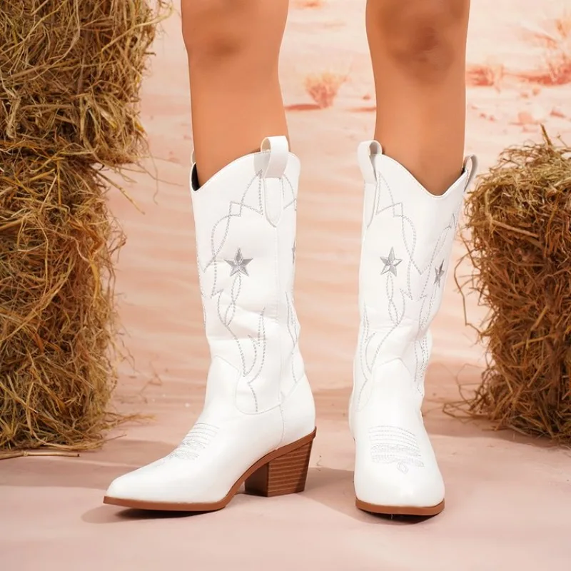 Women's Boots Mid-Calf Pointed Toe Mid Block Heel Western Style Leather-Look Slip-On Star Embroidery Detail Casual Footwear 2026