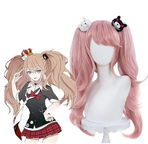 

Anime Danganronpa Enoshima Junko Cosplay Wig Pink Long Wavy With Ponytail Clip White Black Bear Hairpins Girl Gift