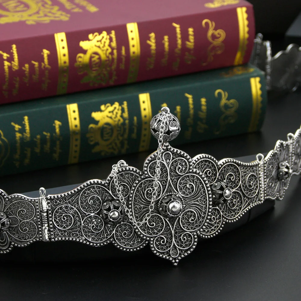 Sunspicems Caucasus Belt for Women Retro Silver Color Chain Ethnic Decorative Patterns Wedding Dress Belt Stage Body Jewelry