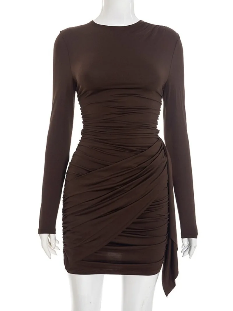 أزياء مثير س الرقبة طويلة الأكمام ضمادة الصلبة فستان قصير الشارع الشهير المرأة أنيقة عالية الخصر الستر Ruched فساتين نادي الحفلات