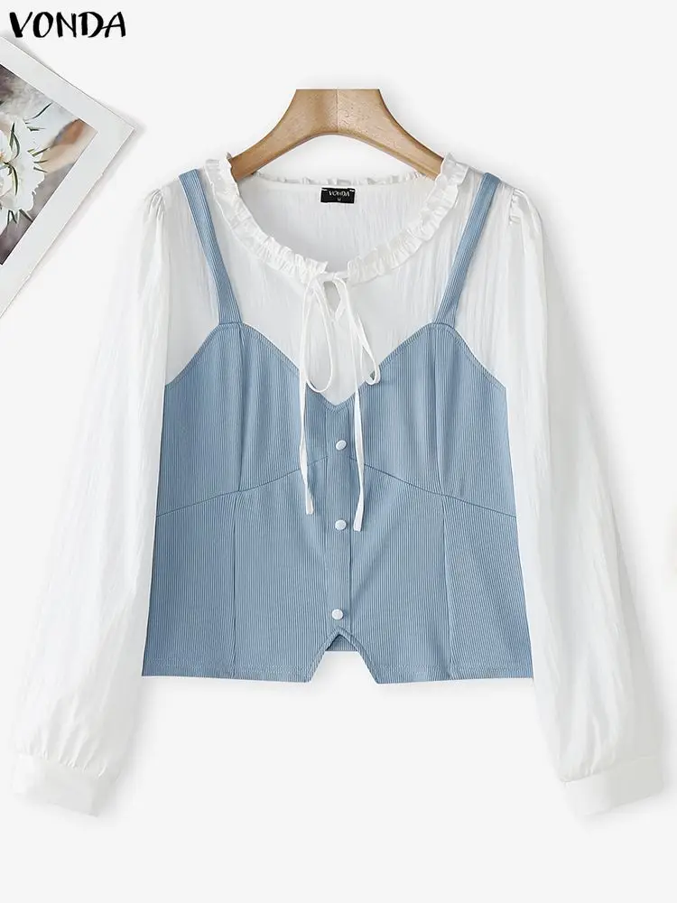 VONDA Fashion Blouse Women Long Sleeve Color Patchwork Tunic Tops Autumn Spring Bandage Casual Loose Shirts Blusas Femininas