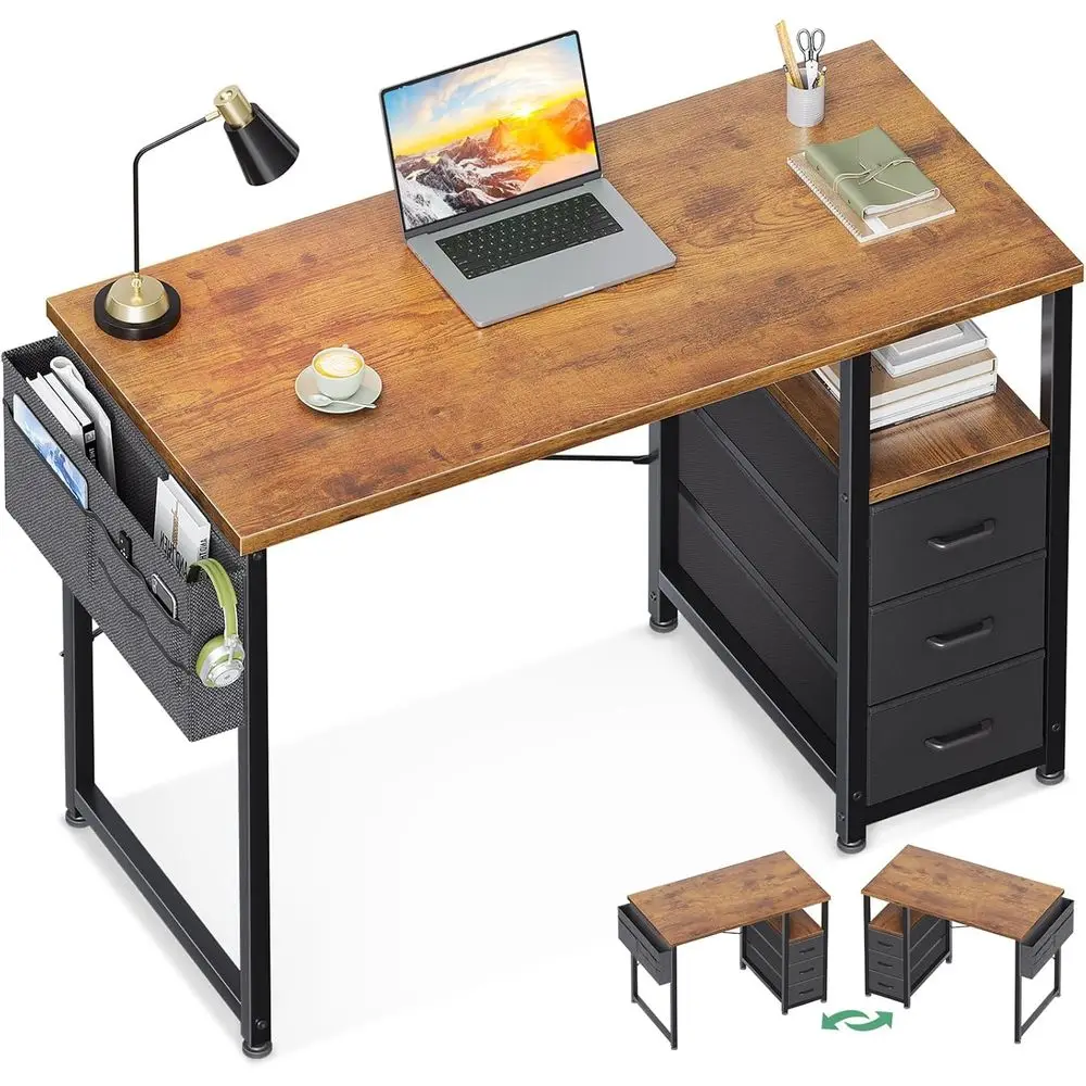 

40" Small Computer Desk with abric Der, Kids Girls Teen Study Writing Desk or Bedroom, Home Oice Desk with Storage Shel & Bag or