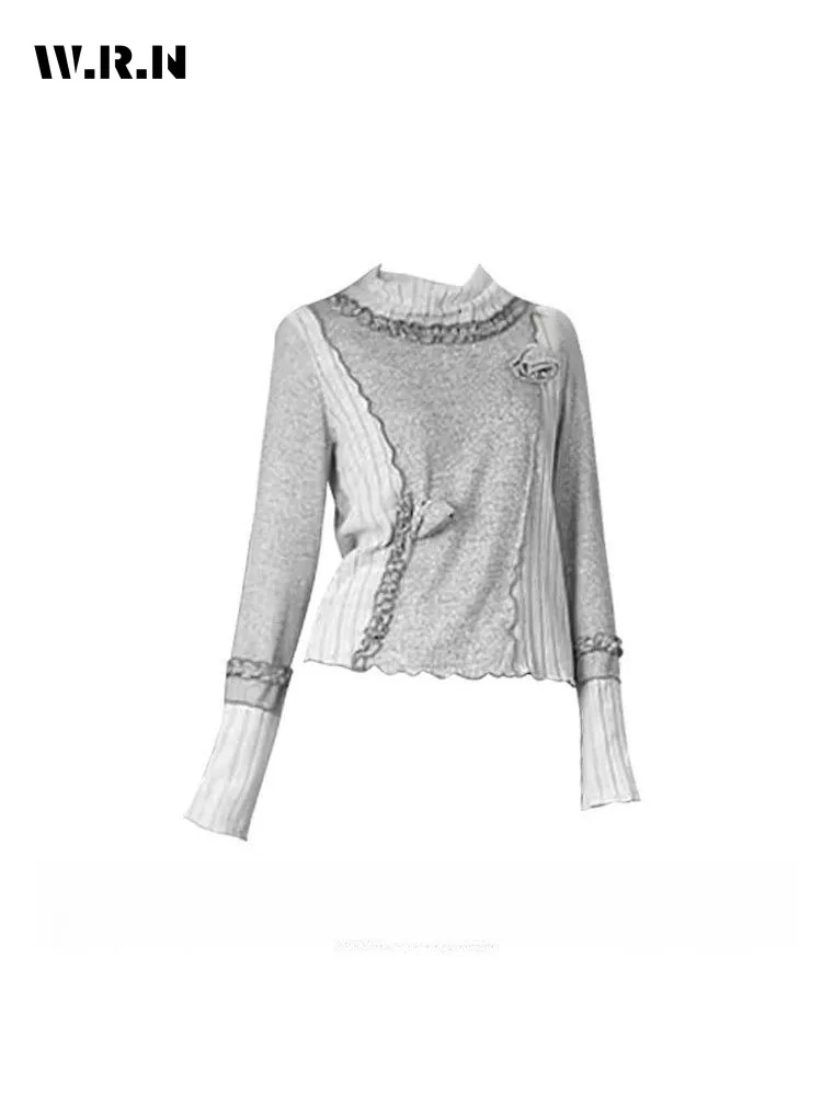 

2025 зимние женские элегантные роскошные вязаные пуловеры с круглым вырезом и длинными рукавами, шикарный женский лоскутный свитер с цветочным декором, топ