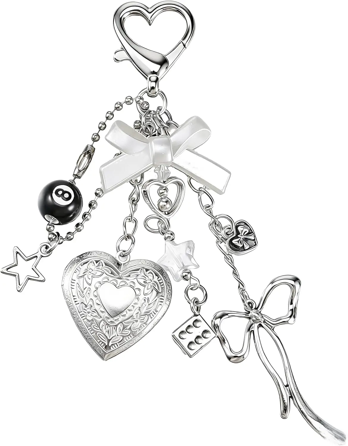 

Y2K Silver Heart Cute Keychain Charms Bow 8 Ball Dice Star Metal Photocard for Keys Bag Backpack Wallet Gift