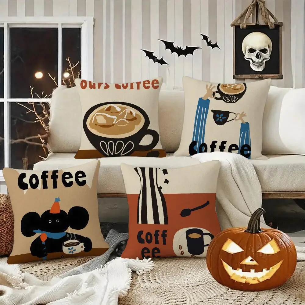 Coffee Illustration Cushion Cover Halloween decoration trick or treat cushion cover, ghost, pumpkin head, bat decoration