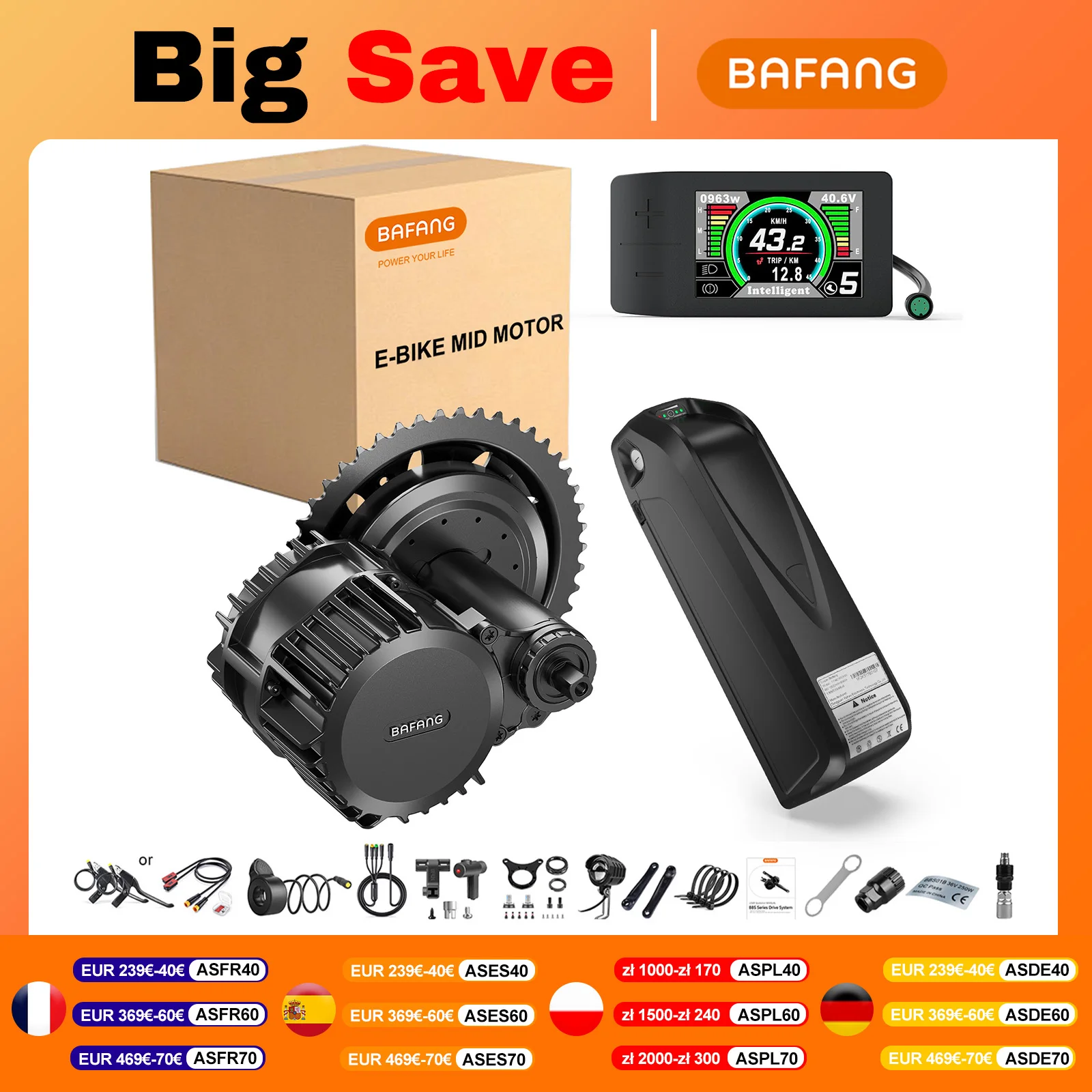 Bafang 1000W 750W 500W 250W Mid Drive Motor 36V 48V 52V Electric Bike Conversion Kit Hailong Lithium Battery BBS01B BBS02B BBSHD