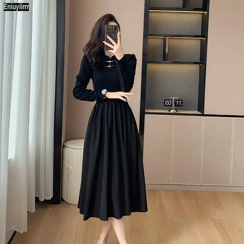 Französisch Design lange Kleider neue Mode feminine Vestidos Frauen Design europäischen Stil Retro Vintage eine Linie schwarz Kleid