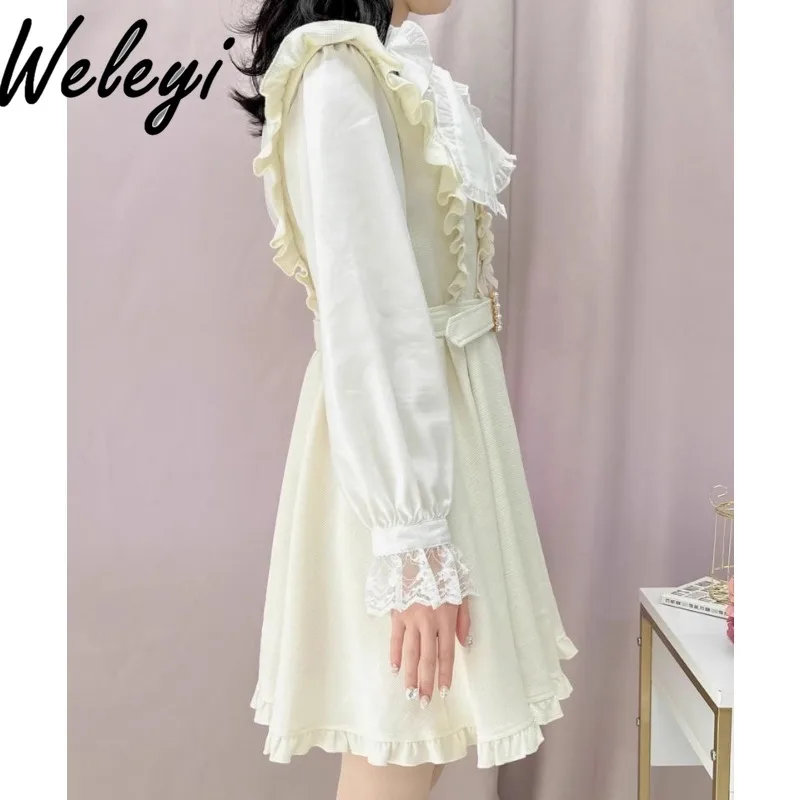 Kawaii Shoulder Strap Pleated Dresses Autumn Buckle Belt Women's Clothing Slightly Fat A Word Suspender Medium and Long Kleider