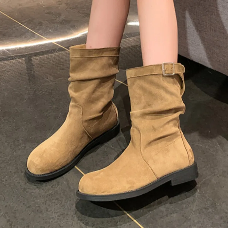 Women\'s Boots 2024 New Pleated Design Fashion Boots Solid Color Retro Street Casual Slip-on Botas Femininas Women\'s Rock Zapatos