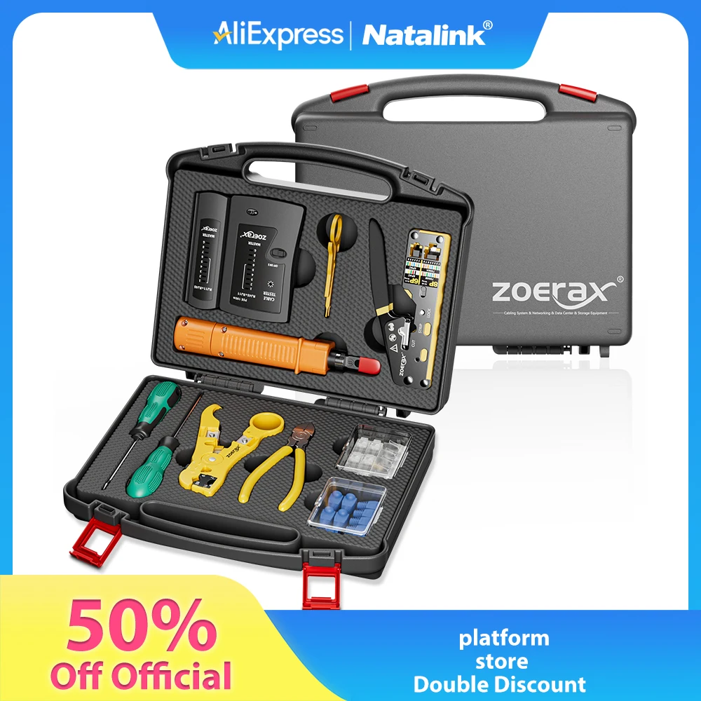 

Комплект инструментов для обжима RJ45 CAT6 с многофункциональным кримпером, кабельным тестером, пробойником, стриппером, резаком, разъемами и защитными колпачками.