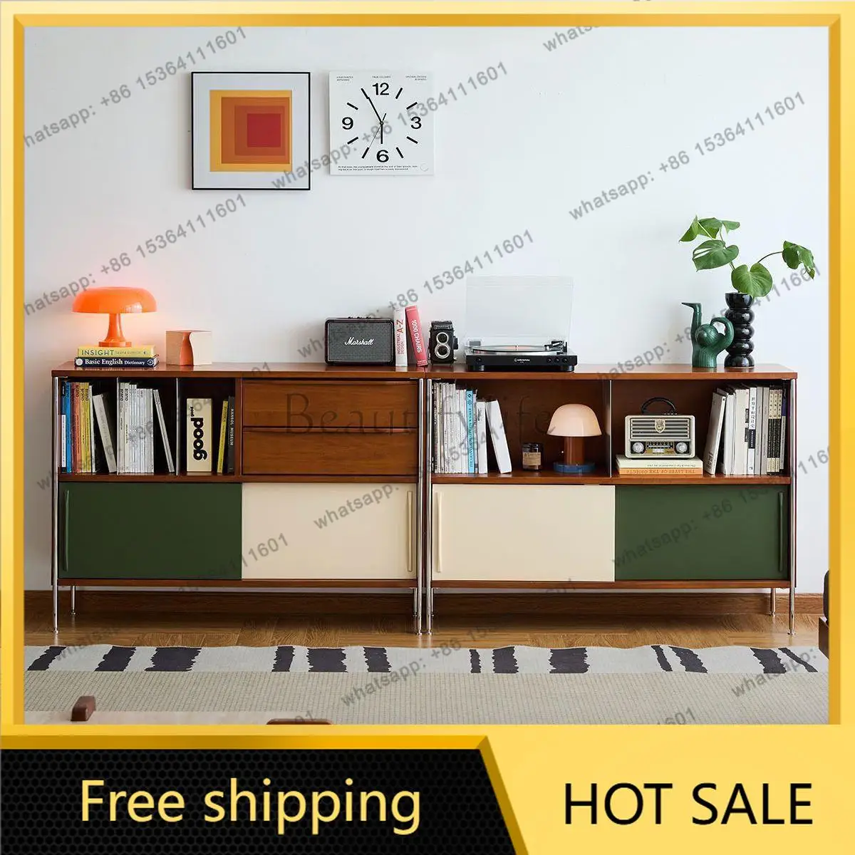 LS Vintage Style Two-Tone Solid Wood Sideboard Multifunctional Storage Small Apartment Wall-Mounted Storage Side Cabinet