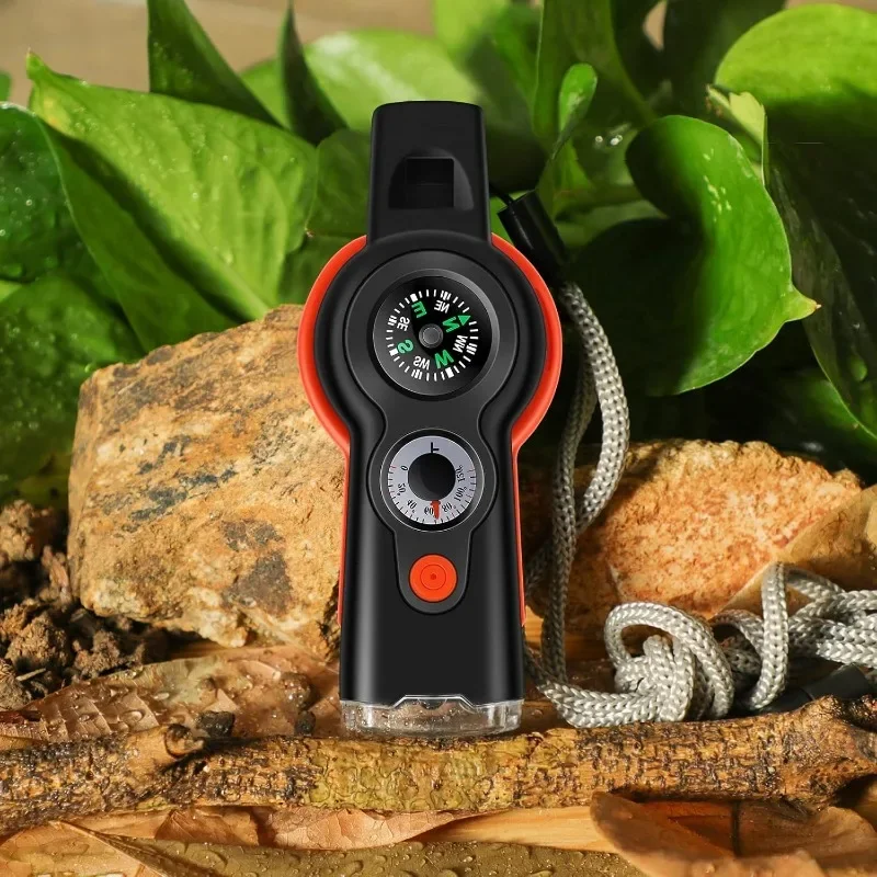 

7-in-1 Survival Whistle with Compass, Thermometer & Flashlight - Multifunctional Safety Tool for Camping, Hiking, Emergency