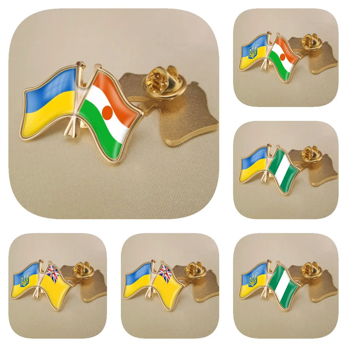 

Ukraine and Niger Nigeria Niue Double Crossed Friendship Flags Brooches Lapel Pins Bradges