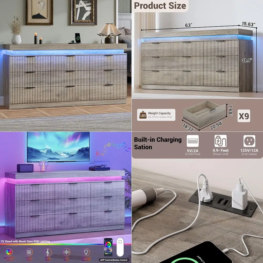 for Bedroom with RGB LED Lights and Charging Station, 9 Drawers Wooden Chest of Drawers, 63 Wide Fluted TV Stand, Closet Clothe