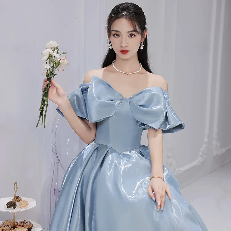 Blue Off Shoulder Evening Dresses Women Big Bow Bandage A-line Sweet Quinceanera Dress Exquisite Elegant Modern Graduation Gown