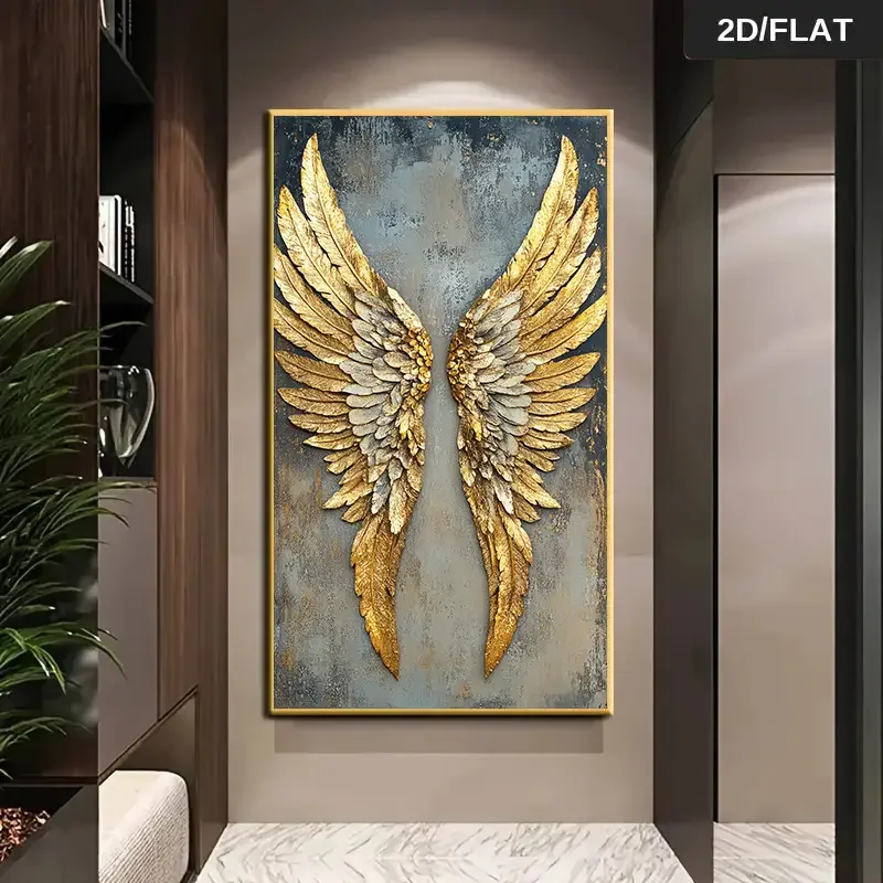 Modern Abstract Gold Angel Wings Wall Art - Textured Blue Gold Canvas Decorative Painting for Living Room, Bedroom - Frameless