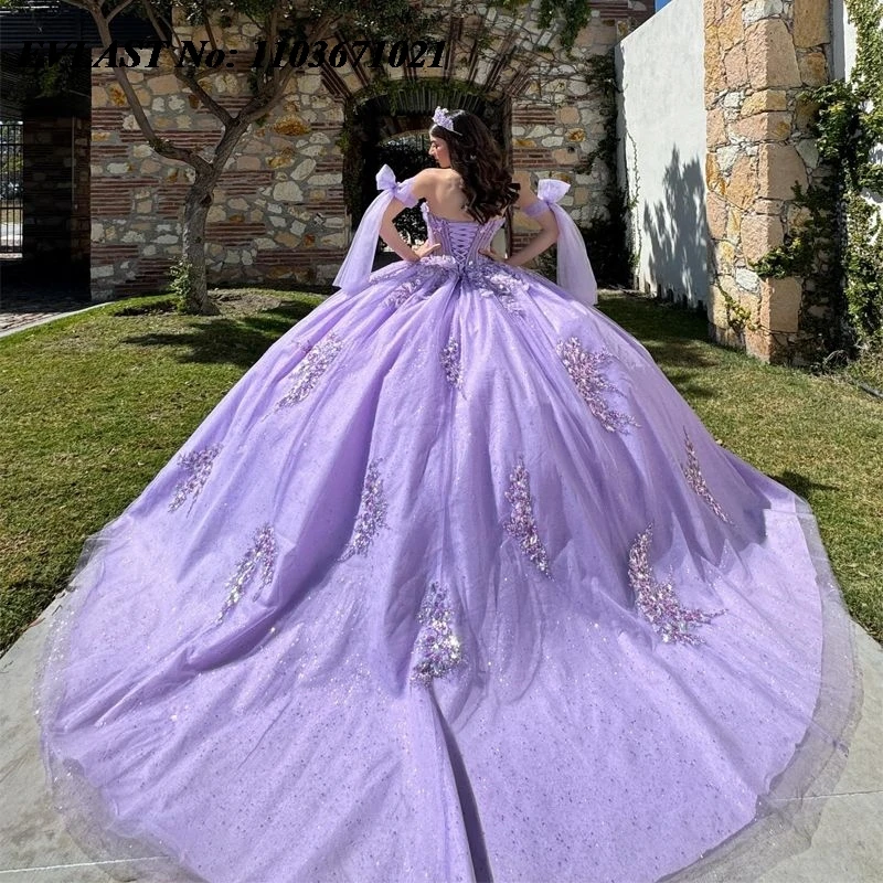 EVLAST Мексиканское лавандовое платье Quinceanera, бальное платье, кружевная аппликация, корсет из бисера и кристаллов, Sweet 16, Vestidos De XV 15 Anos SQ72