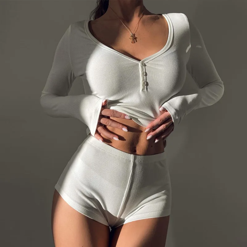 

New Long Sleeved V-Neck T-Shirt Sport Shorts Set Casual Daily Home Vacation Wear Solid Color Women Clothing Streetwear Outfit