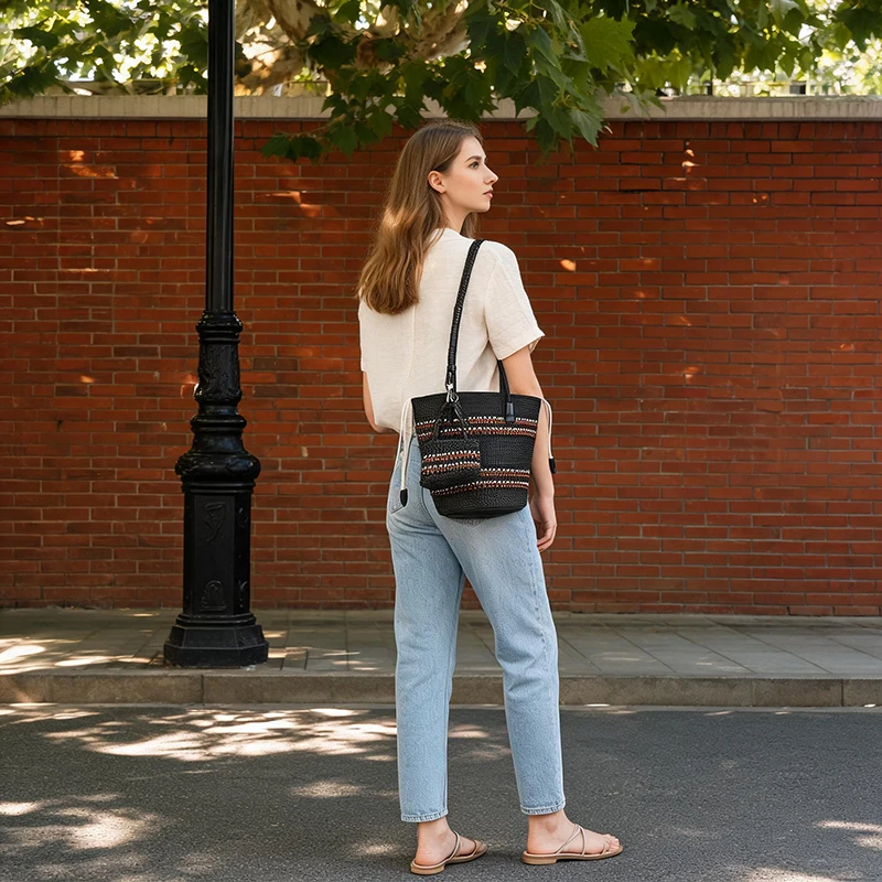 Rattan-Geflecht-Marktkorb-Schultertasche mit passender Geldbörse, handgefertigte gewebte Einkaufstasche für Damen, elegante Tragetasche – Detail 18