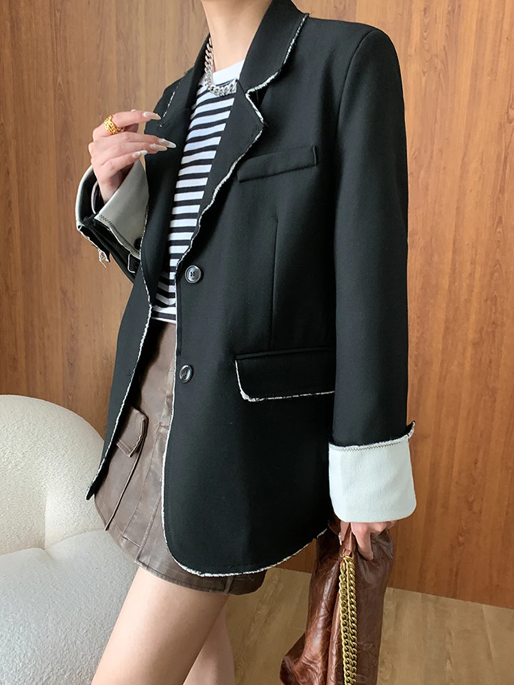 [EAM] Women Black Color-block Burr Big Size Elegant Blazer New Lapel Long Sleeve Jacket Fashion Tide Spring Autumn 2024 1DH6535