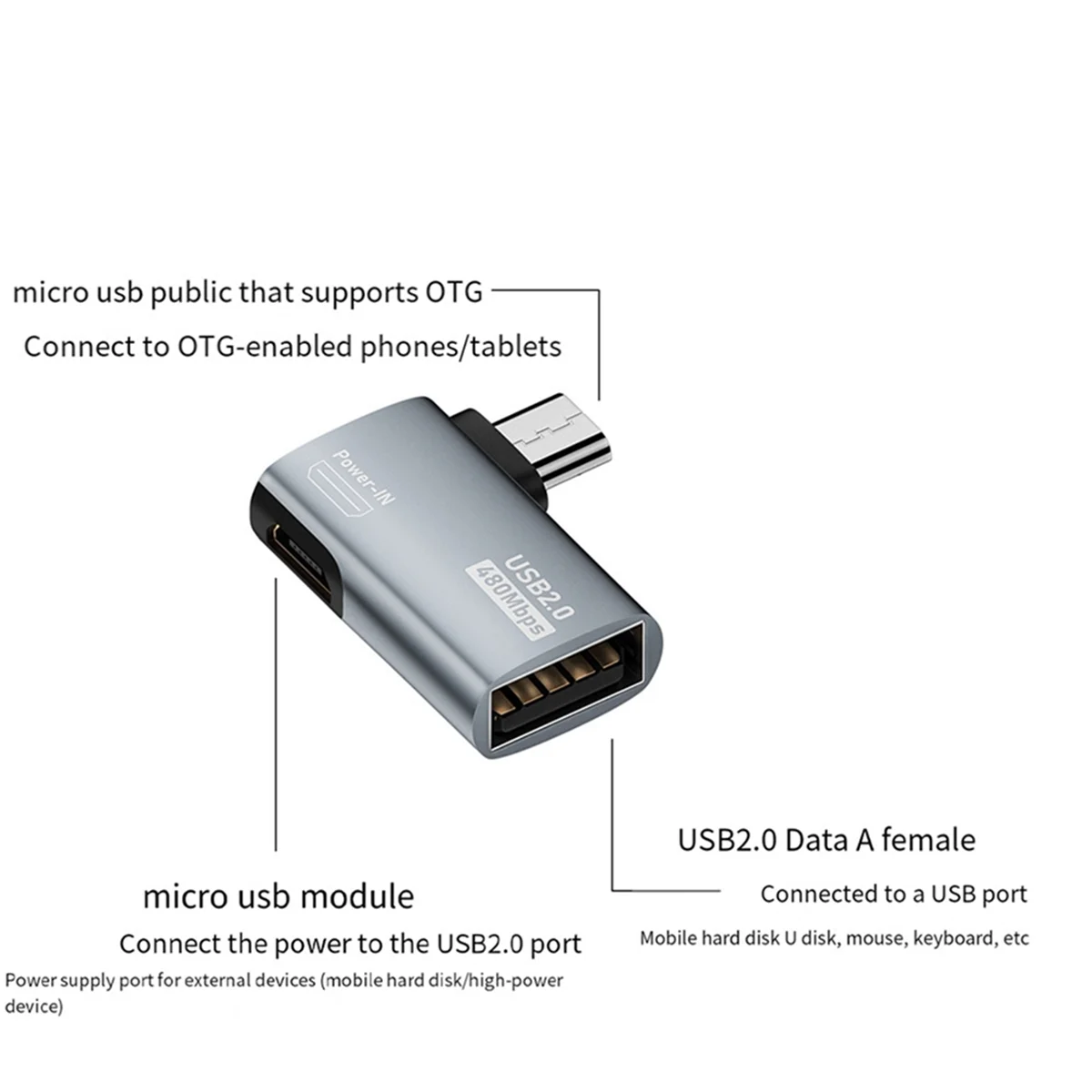 4K OTG Cable Adapter Power Supplied Micro-USB to USB with Angle Design. Suitable for Tablet, TV(Left)