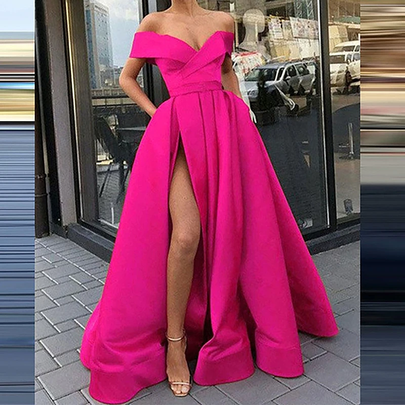 OMSJ Celebrity Women's Sexy Off Shoulder Strapless Low-cut V Neck High Side Split Formal Maixi Dresses Ladies Evening Party Wear